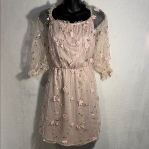 SHEIN curve women’s 1XL Sheer Pink 3-D Floral Embroidered Off-Shoulder Dress